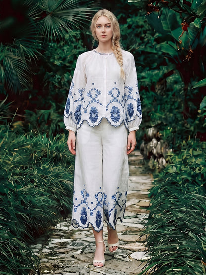 Linen Embroidered Cutwork Balloon Sleeve Top