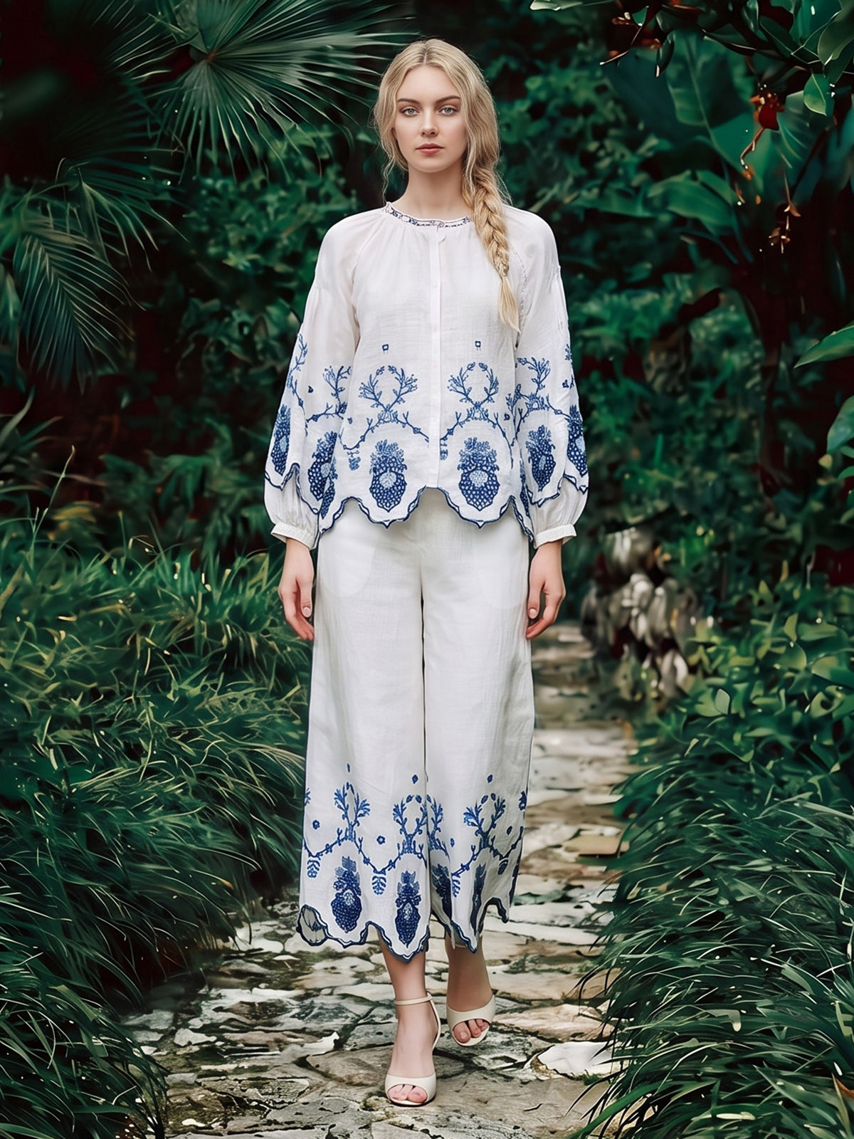 Linen Embroidered Cutwork Pearl Button Wide-Leg Pants