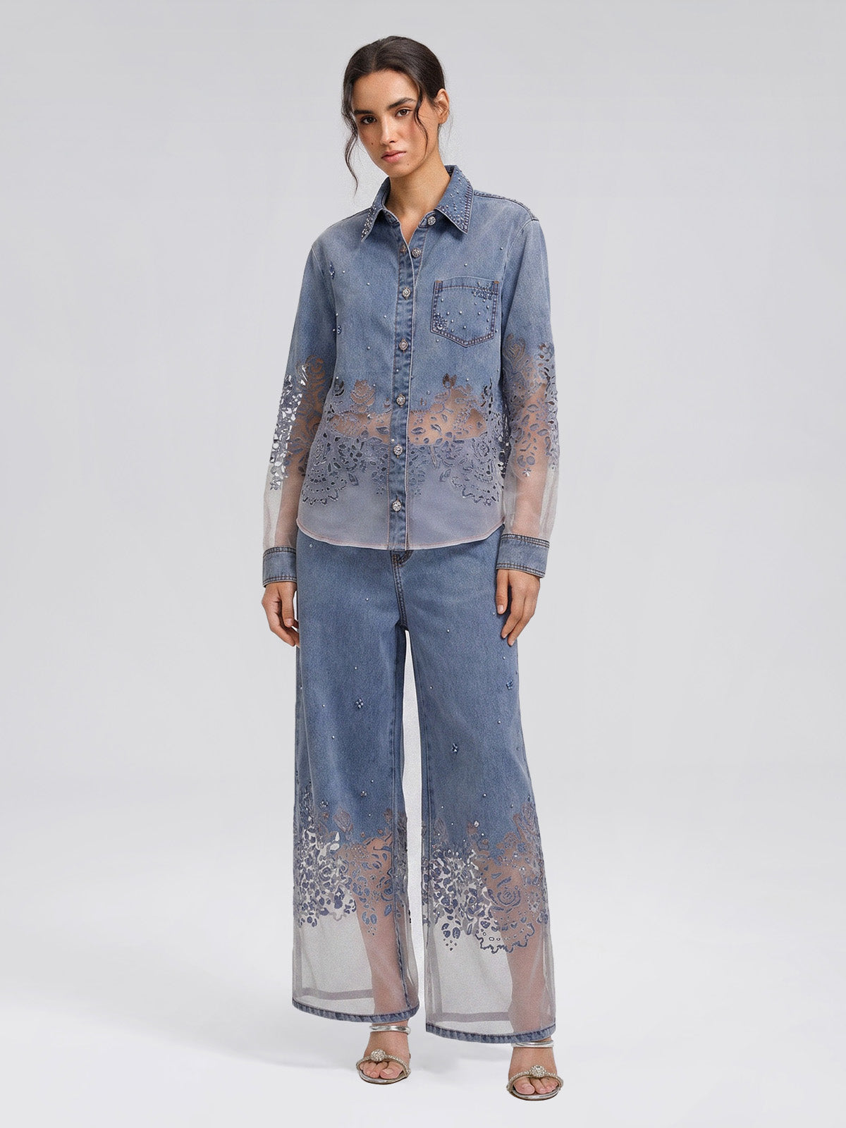 Denim Burnout Mesh Panel Rhinestone Loose Shirt