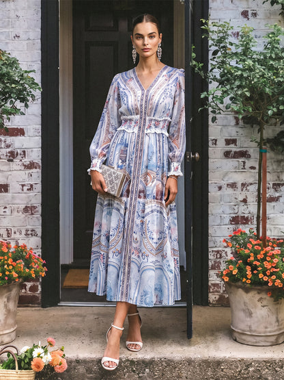 Printed Rhinestone Smocked Waist Dress