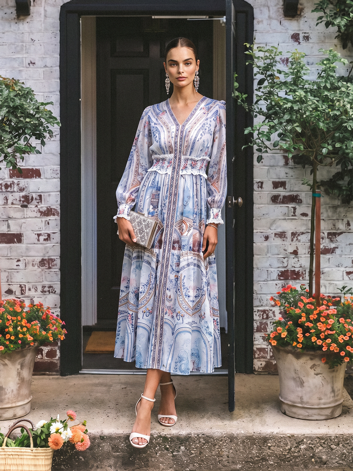 Printed Rhinestone Smocked Waist Dress