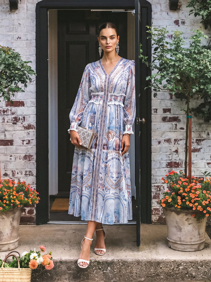 Printed Rhinestone Smocked Waist Dress