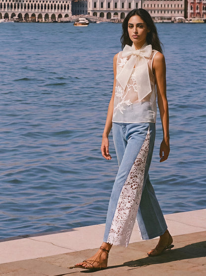 Washed Denim Lace Cutwork Rhinestone High-Waist Flared Pants