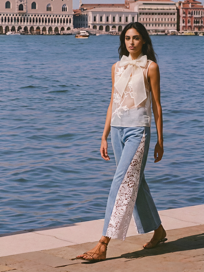 Washed Denim Lace Cutwork Rhinestone High-Waist Flared Pants