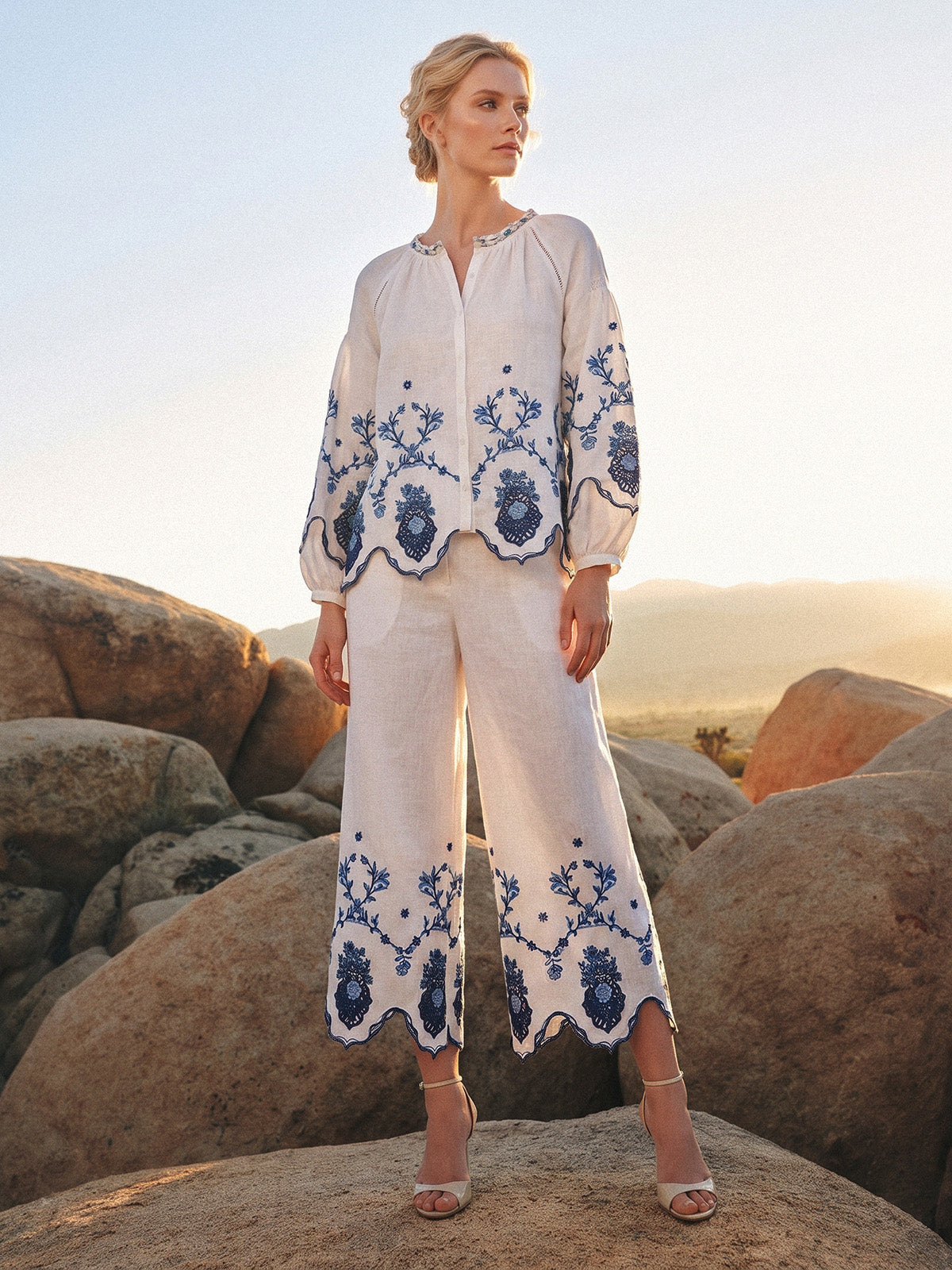 Linen Embroidered Cutwork Balloon Sleeve Top