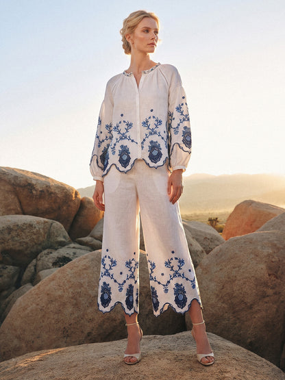 Linen Embroidered Cutwork Balloon Sleeve Top