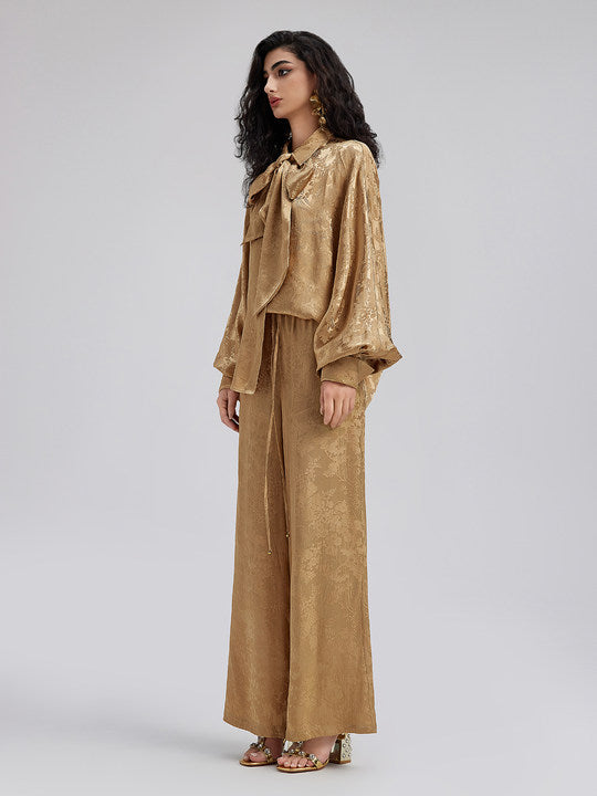 Gold Jacquard Wide Elastic Waist Pants