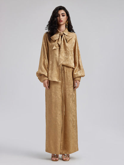 Gold Jacquard Wide Elastic Waist Pants