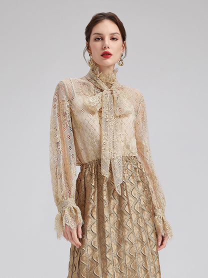 Romantic Ruffled Metallic Lace Shirt