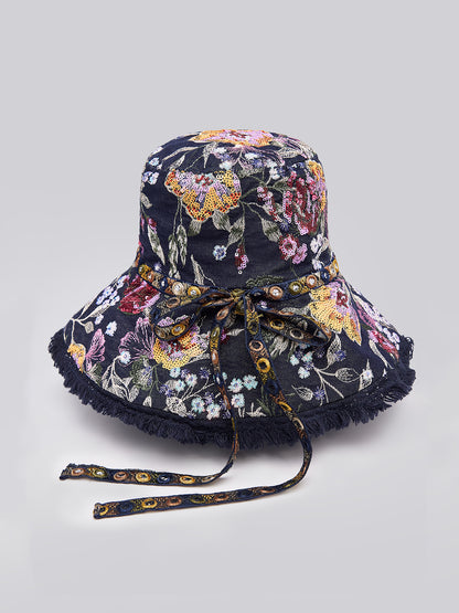 Hand-Beaded Floral Denim Raw-Edge Hat