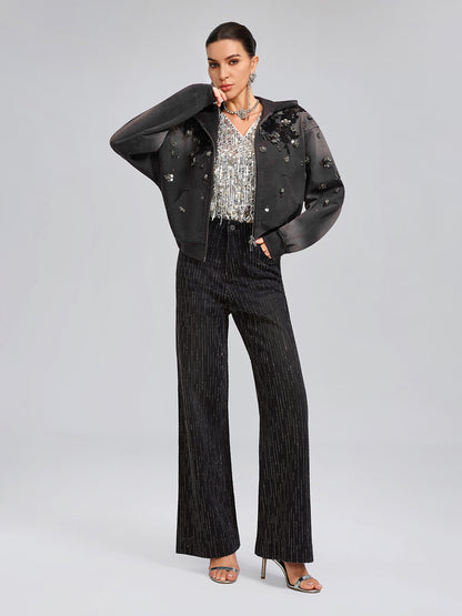 Vertical Stripe Rhinestone Jeans