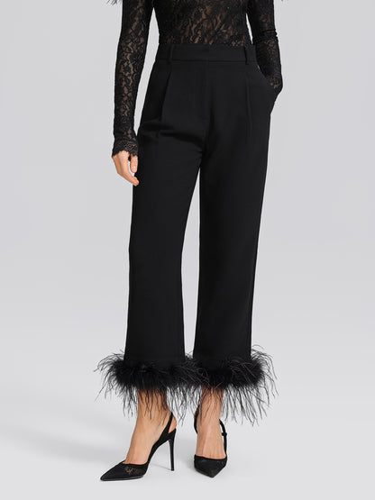 High-Waist Feather Trim Pants