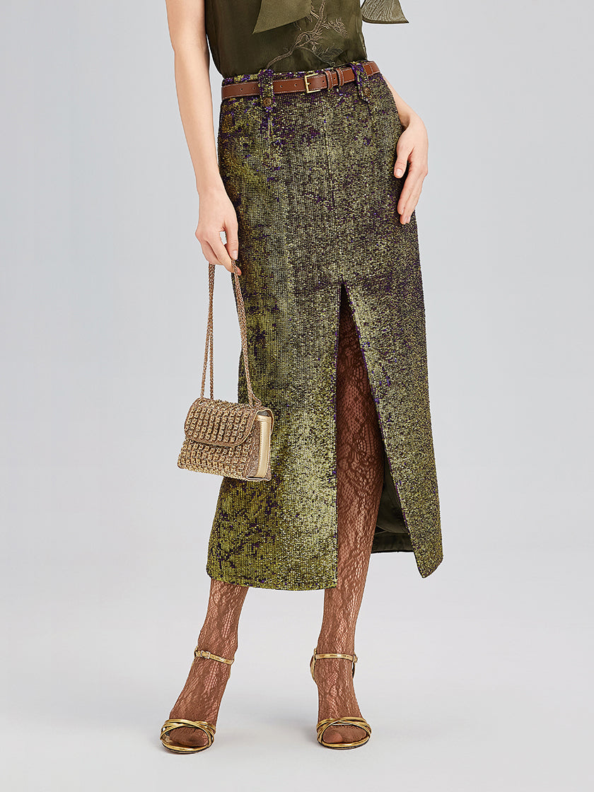 French Couture Two-Tone Sequin Split Skirt