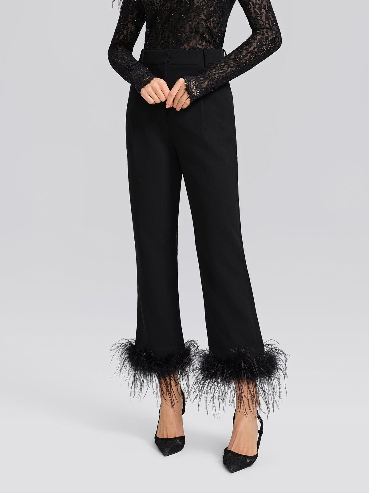 High-Waist Feather Trim Pants