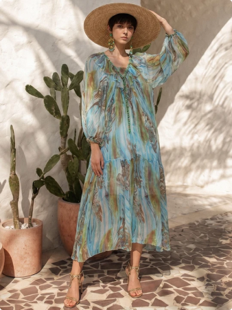 Silk Ombre Print Batwing Sleeve Dress