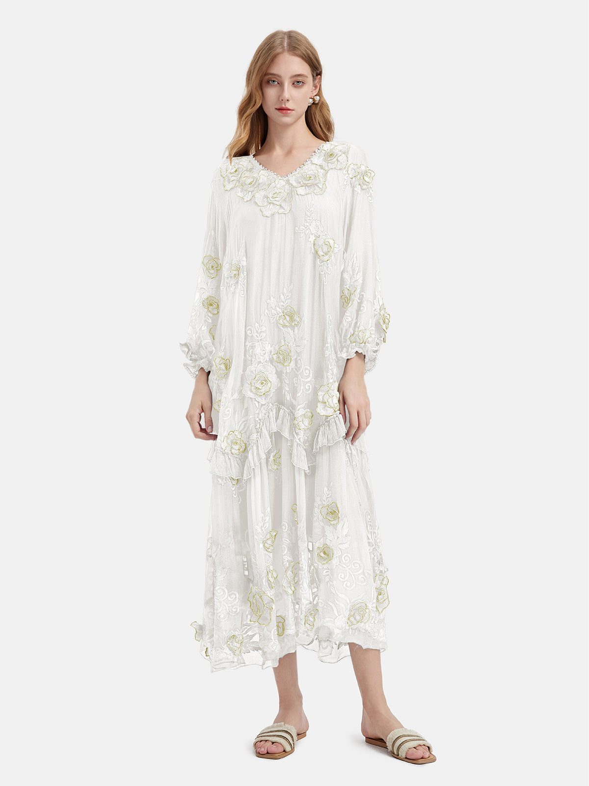 Silk Embroidered Floral Loose Dress