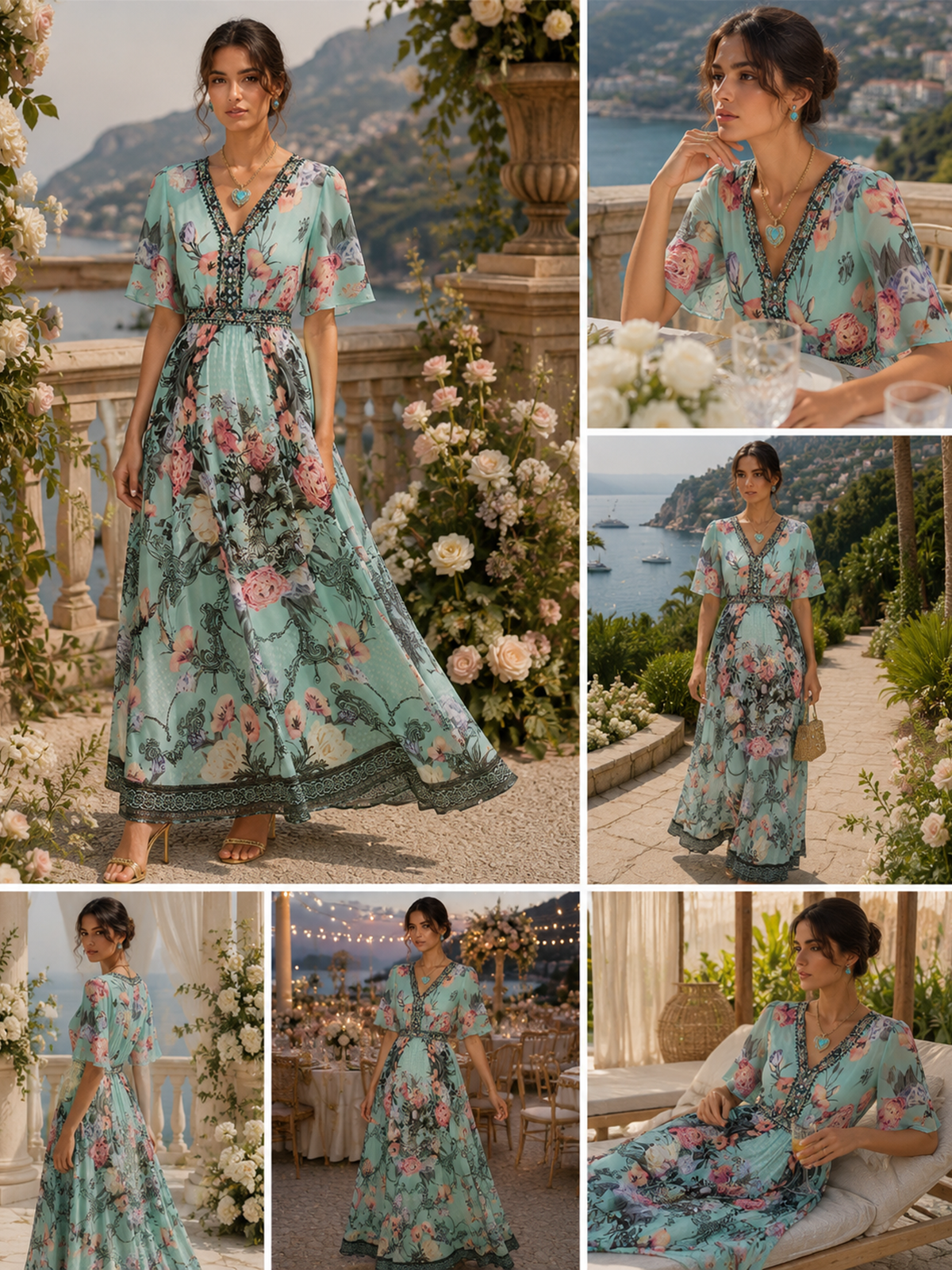 100% Silk Printed Flared-Sleeve Resort Maxi Dress