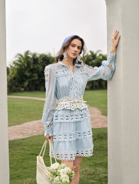 Linen Beaded Cutout Trimming Mini Dress