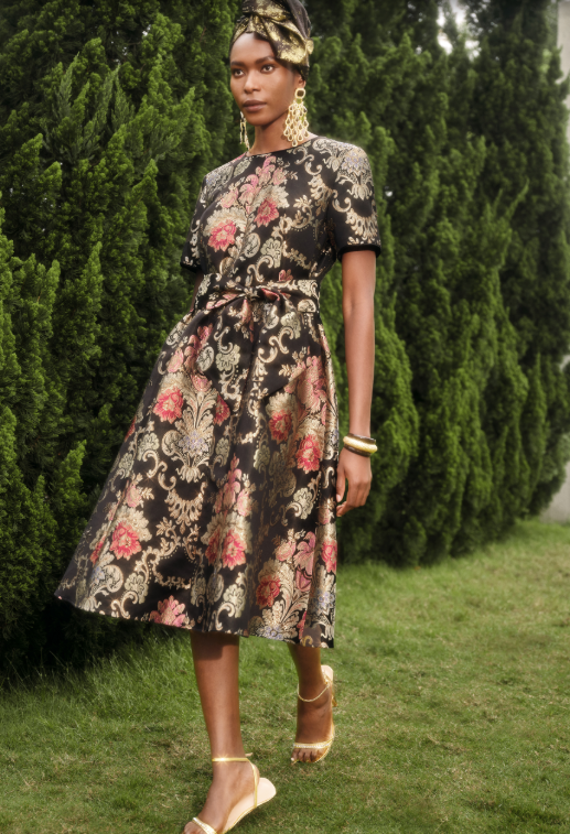 Vintage Metallic Embroidered Evening Gown Dress