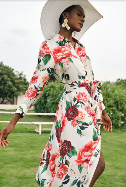 100% Silk Rose Print Turn-down Collar Dress