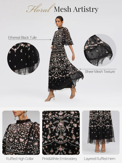 Embroidered Floral Ruffled Tulle Dress